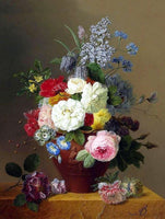 Fine Oleograph on Canvas Still Life of Assorted Flowers in a Roman Vase