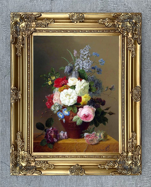 Fine Oleograph on Canvas Still Life of Assorted Flowers in a Roman Vase