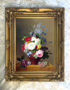 Fine Oleograph on Canvas Still Life of Assorted Flowers in a Roman Vase
