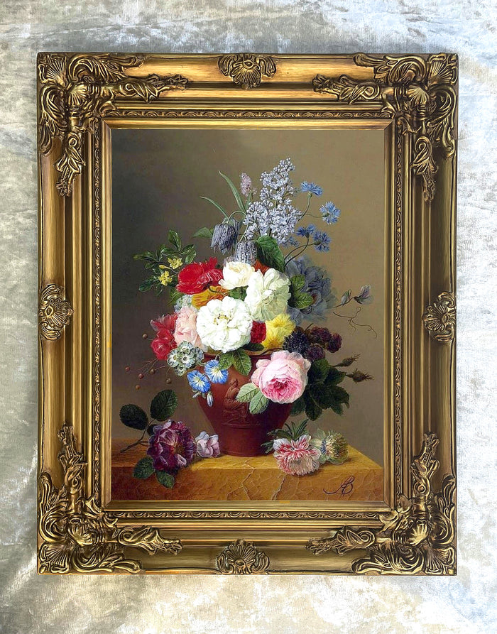 Fine Oleograph on Canvas Still Life of Assorted Flowers in a Roman Vase