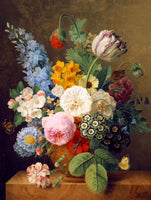 Exquisite Oleograph on Canvas - Assorted Flowers in a Brown Urn