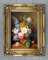 Exquisite Oleograph on Canvas - Assorted Flowers in a Brown Urn