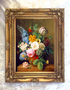 Exquisite Oleograph on Canvas - Assorted Flowers in a Brown Urn