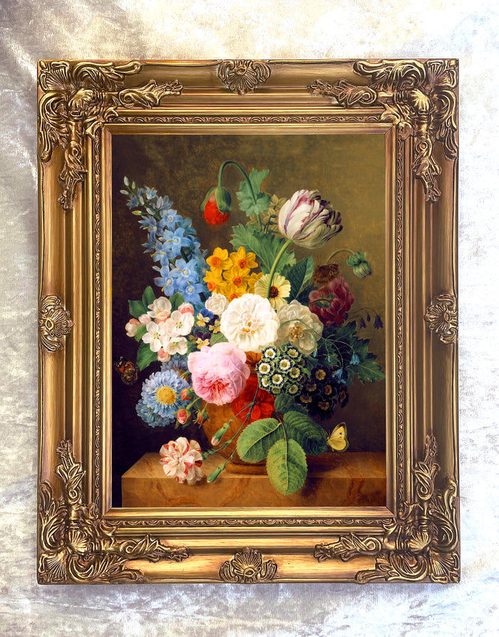 Exquisite Oleograph on Canvas - Assorted Flowers in a Brown Urn