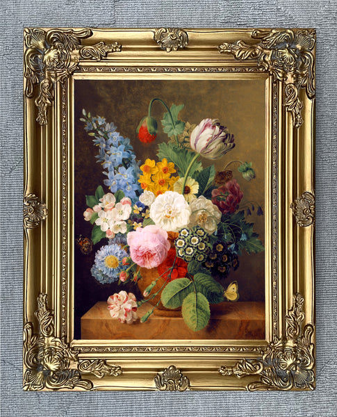Exquisite Oleograph on Canvas - Assorted Flowers in a Brown Urn
