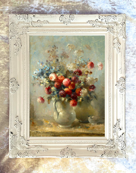 Beautiful Still Life Oleograph on Canvas - Floral Display in an Urn