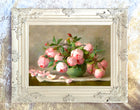 Exquisite Oleograph on Canvas Still Life of Pink Roses in a Green Bowl