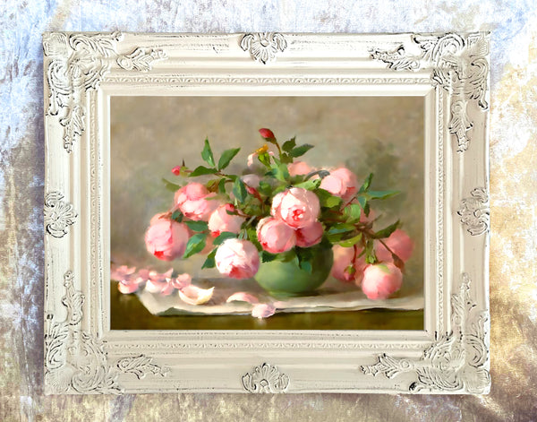 Exquisite Oleograph on Canvas Still Life of Pink Roses in a Green Bowl