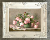 Exquisite Oleograph on Canvas Still Life of Pink Roses in a Green Bowl