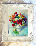 Beautiful Still Life Oleograph on Canvas - Flowers in a Vase with Fruit