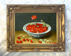 Stunning Still Life Oleograph on Canvas Still Life of Strawberries in a Blue & White Bowl