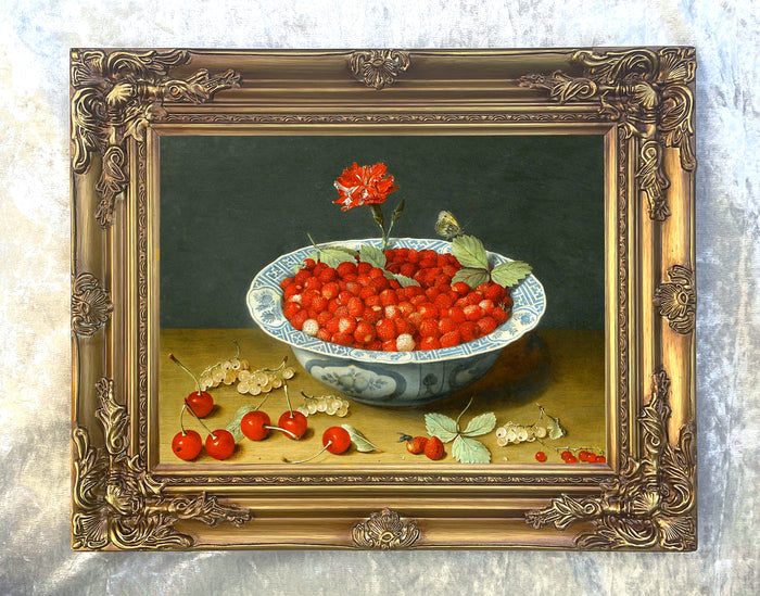 Stunning Still Life Oleograph on Canvas Still Life of Strawberries in a Blue & White Bowl