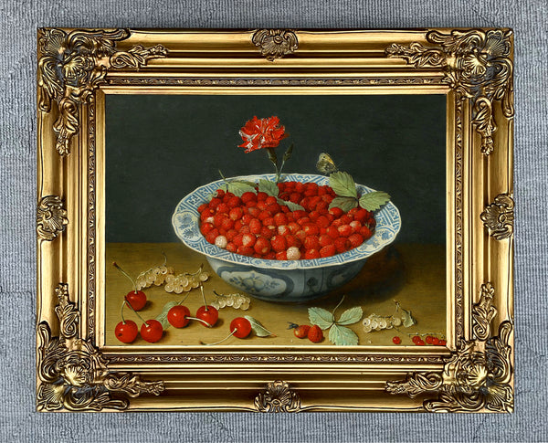 Stunning Still Life Oleograph on Canvas Still Life of Strawberries in a Blue & White Bowl