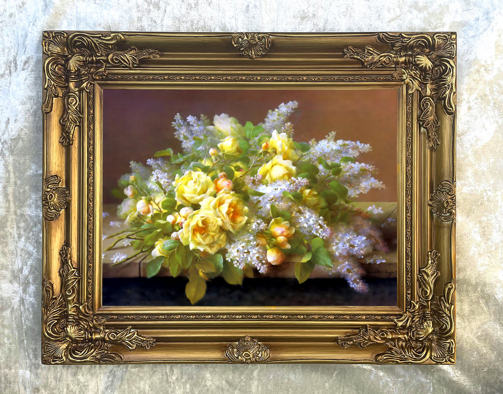 Beautiful Still Life Oleograph on Canvas Still Life of Yellow Roses & Lilacs