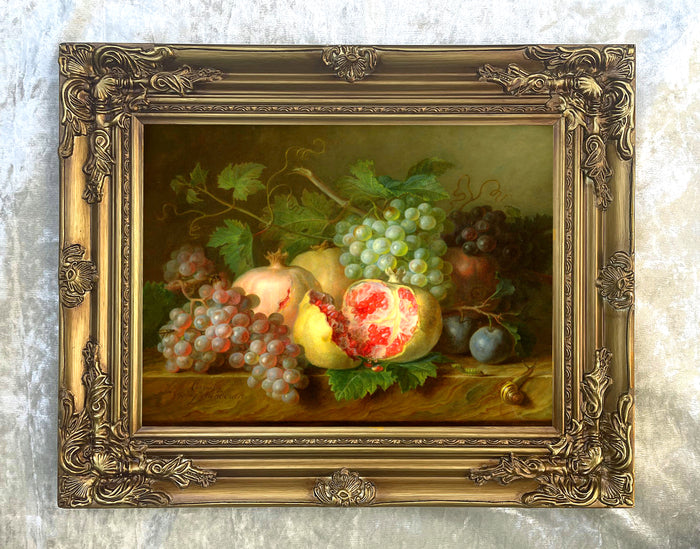 Beautiful Still Life Oleograph on Canvas Still Life of Pomegranates, Grapes & Plumbs