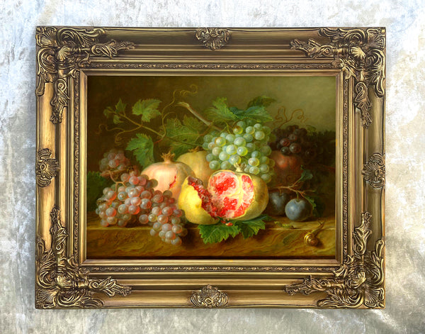 Beautiful Still Life Oleograph on Canvas Still Life of Pomegranates, Grapes & Plumbs