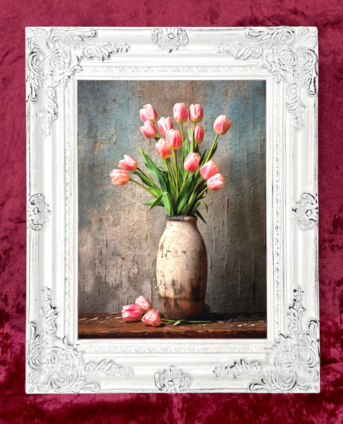 Fine Still Life Oleograph on Stretched Canvas -  Tulips in a Clay Vase