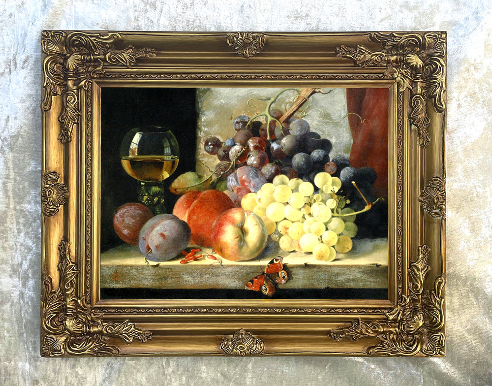 Exquisite Oleograph on Canvas Still Life of Assorted Fruit on a Marble Ledge