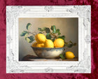 Exquisite Oleograph on Canvas Still Life of Lemons in a Blue & White Porcelain Bowl