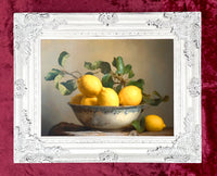 Exquisite Oleograph on Canvas Still Life of Lemons in a Blue & White Porcelain Bowl