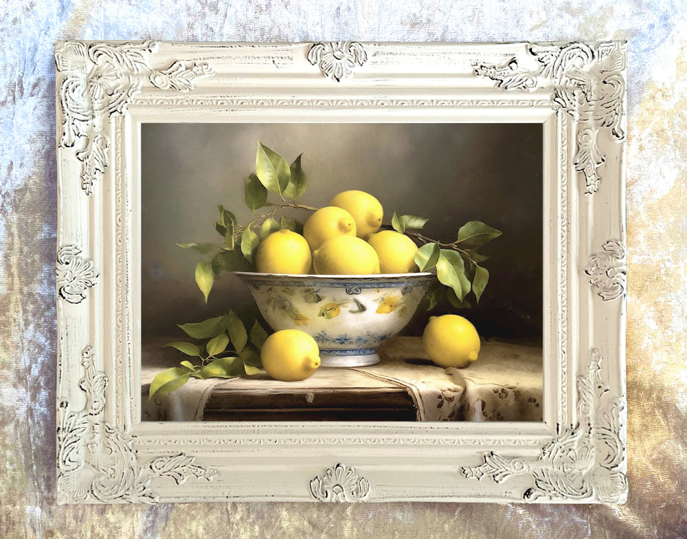 Exquisite Oleograph on Canvas Still Life of Lemons in a Chinese Bowl