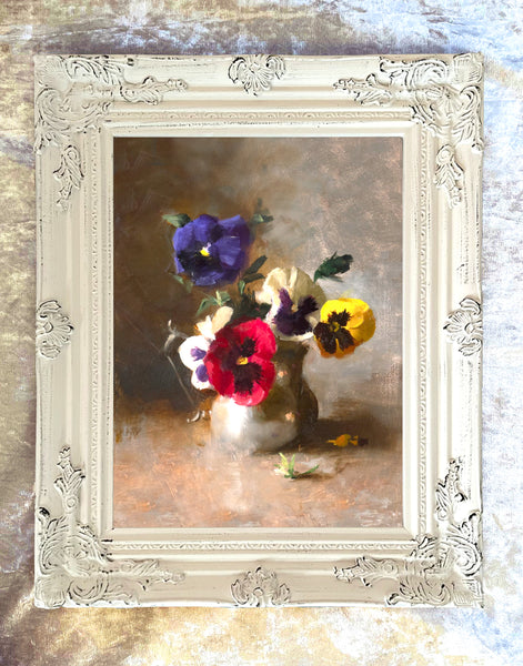 Beautiful Oleograph on Canvas Still Life of Flowers in a Pewter Jug
