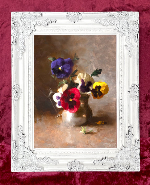 Beautiful Oleograph on Canvas Still Life of Flowers in a Pewter Jug