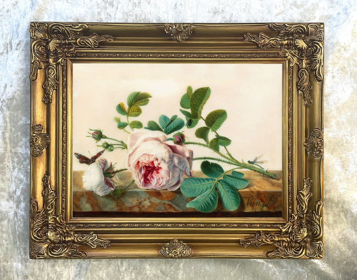 Stunning Still Life Oleograph on Canvas - A Sprig of Roses on a Marble Ledge
