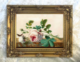 Stunning Still Life Oleograph on Canvas - A Sprig of Roses on a Marble Ledge