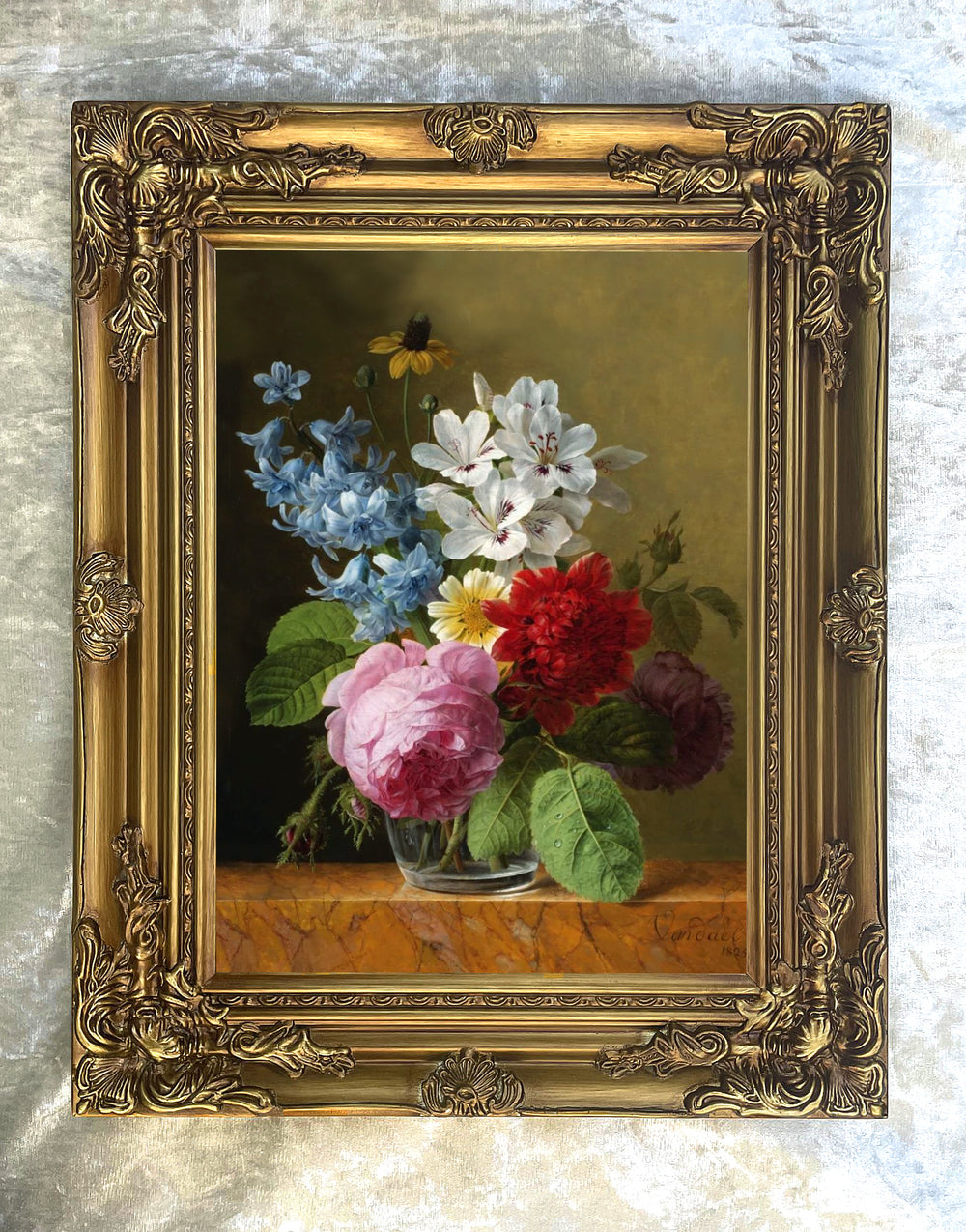 Fine Still Life Oleograph on Canvas - An Assortment of Flowers in a Glass Vase