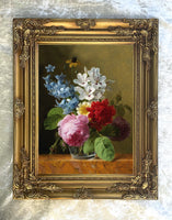 Fine Still Life Oleograph on Canvas - An Assortment of Flowers in a Glass Vase