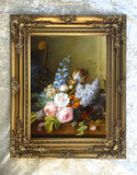 Exquisite Large Still Life Oleograph on Canvas - Assorted Flowers on a Marble Ledge