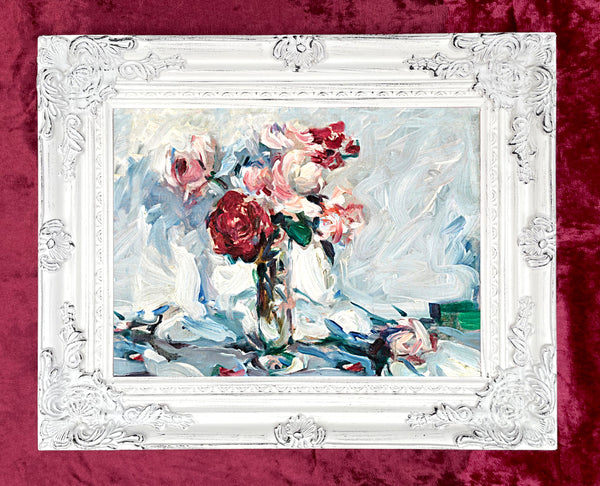 Beautiful Oleograph on Canvas Still Life of Pink & Red Roses in a Vase