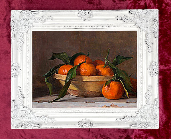 Beautiful Oleograph on Canvas Still Life of Clementines in a Bowl