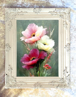 Exquisite Still Life Oleograph on Canvas - Bouquet of Pink & White Flowers