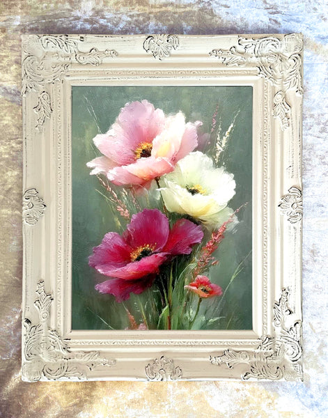 Exquisite Still Life Oleograph on Canvas - Bouquet of Pink & White Flowers