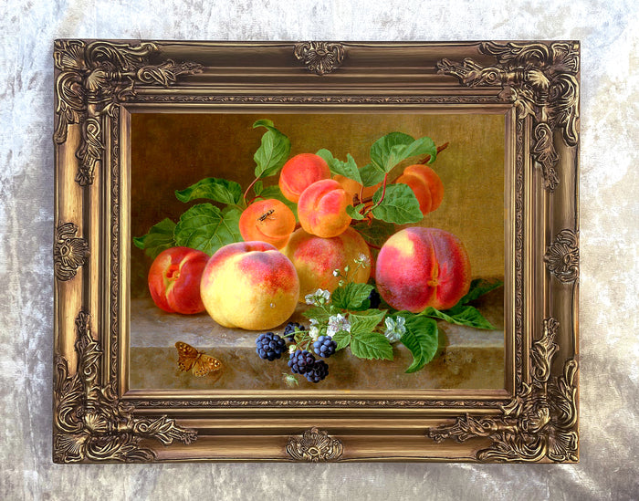 Beautiful Oleograph on Canvas Still Life of Peaches on a Marble Ledge