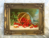 Beautiful Oleograph on Canvas Still Life of Cherries in a Basket
