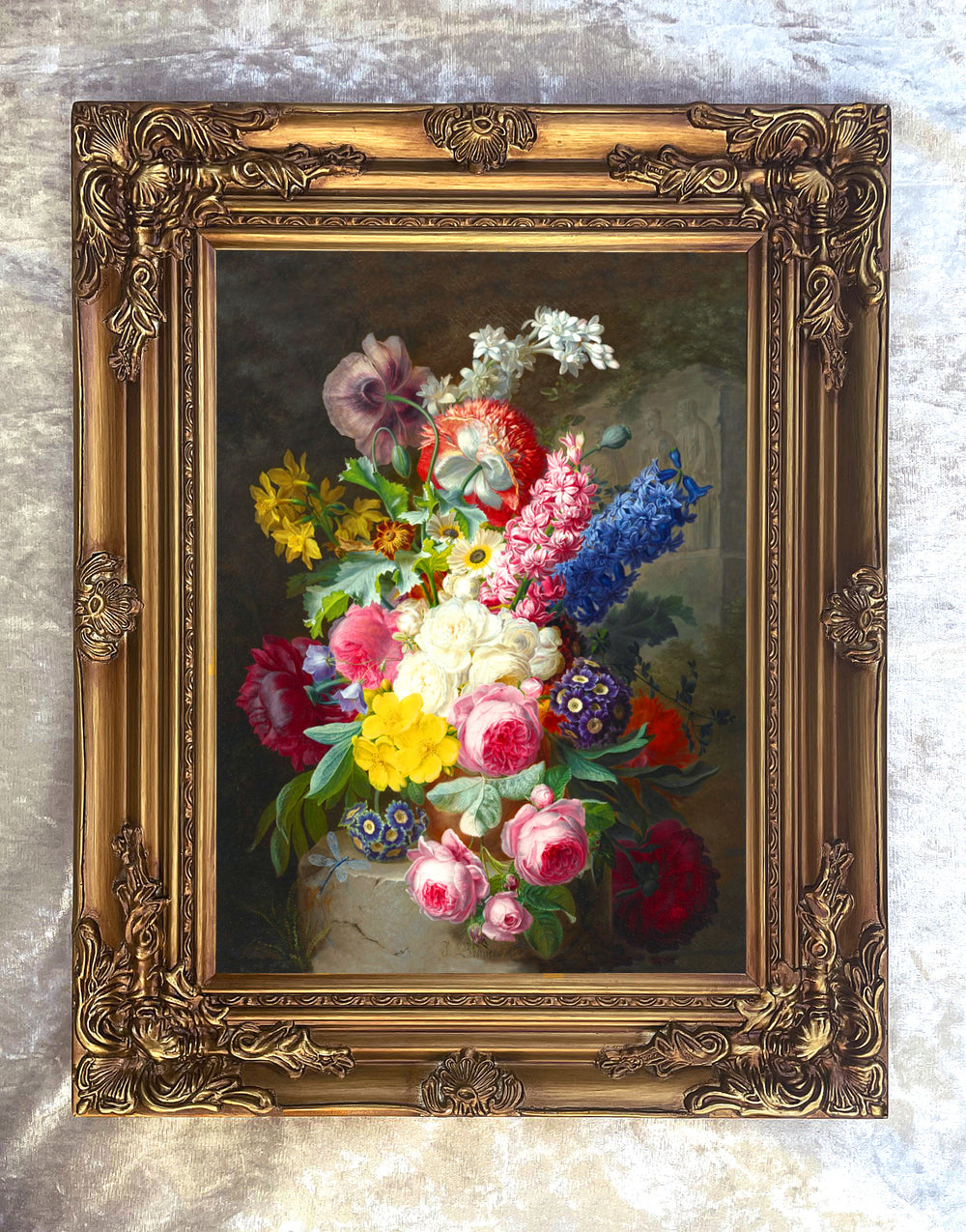 Exquisite Large Still Life Oleograph on Canvas - Assorted Flowers on a Stone Plinth