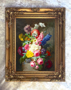 Exquisite Large Still Life Oleograph on Canvas - Assorted Flowers on a Stone Plinth