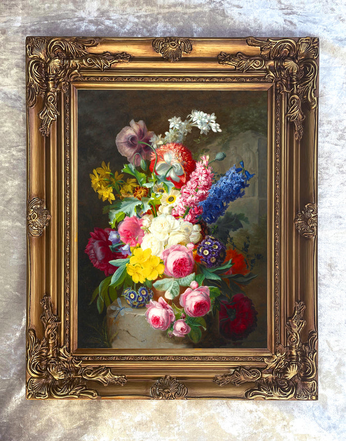 Exquisite Large Still Life Oleograph on Canvas - Assorted Flowers on a Stone Plinth