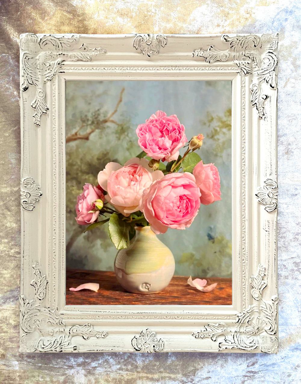 Beautiful Oleograph on Canvas - Still Life with Pink Roses in Clay Pot
