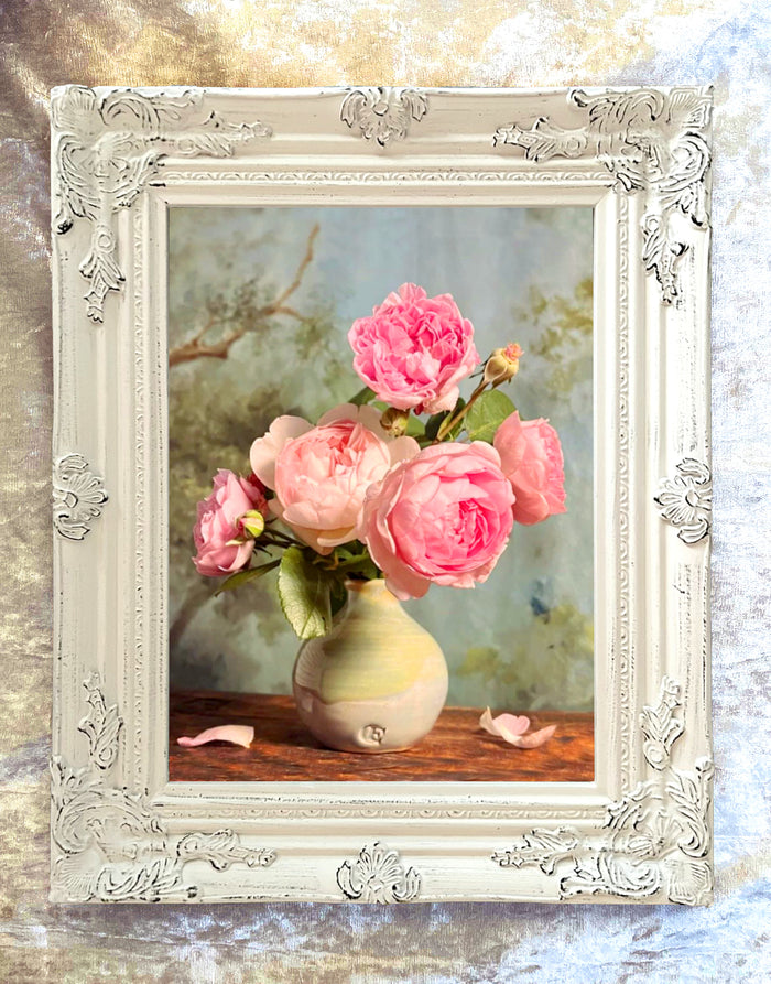 Beautiful Oleograph on Canvas - Still Life with Pink Roses in Clay Pot