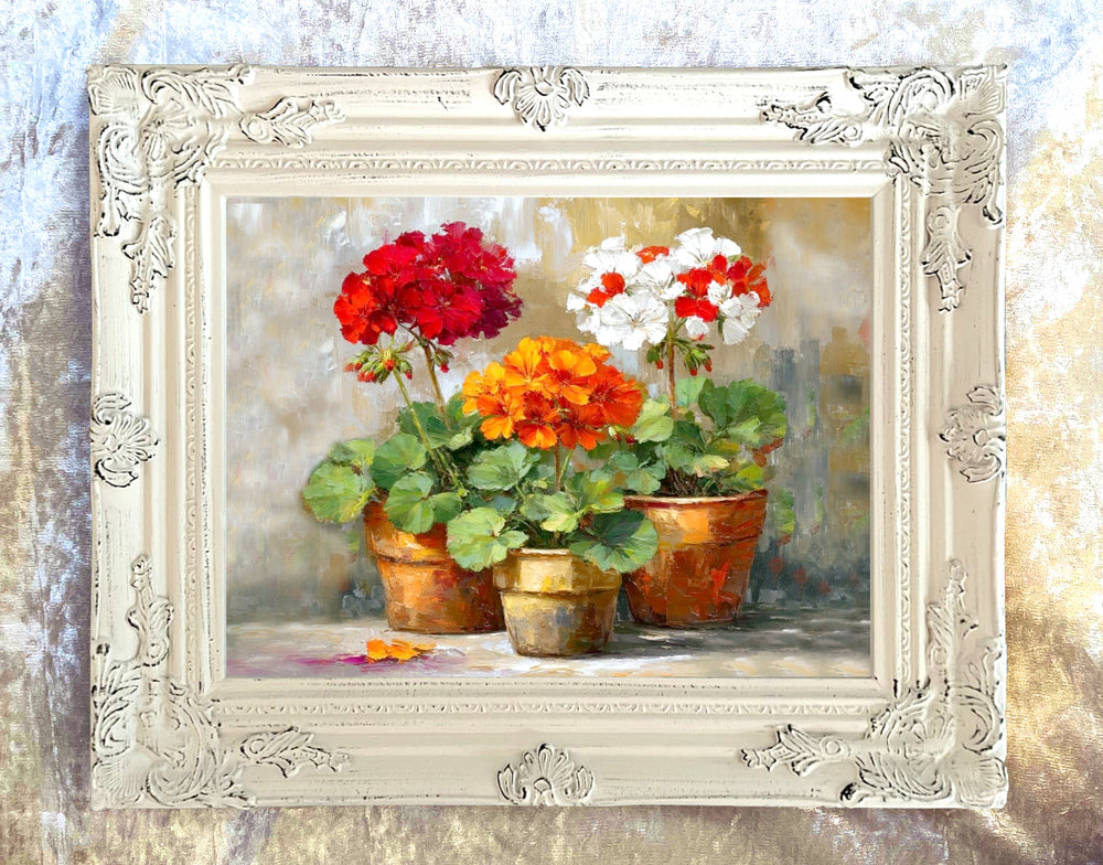 Exquisite Still Life Oleograph on Canvas - Assorted Flowers in Terracotta Pots