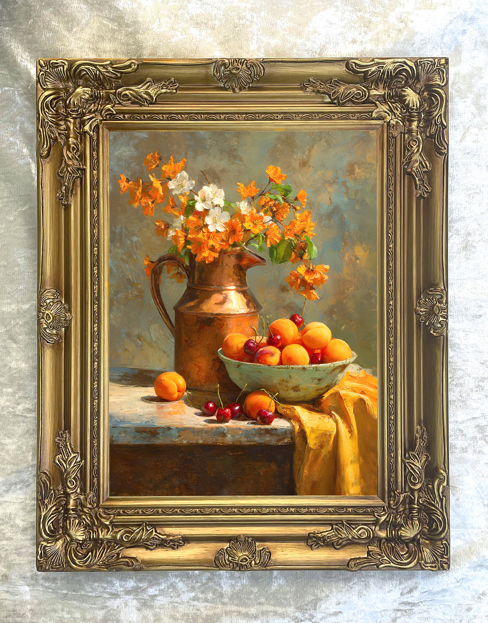 Fine Oleograph on Canvas Still Life of Flowers & Fruit on a Marble Shelf