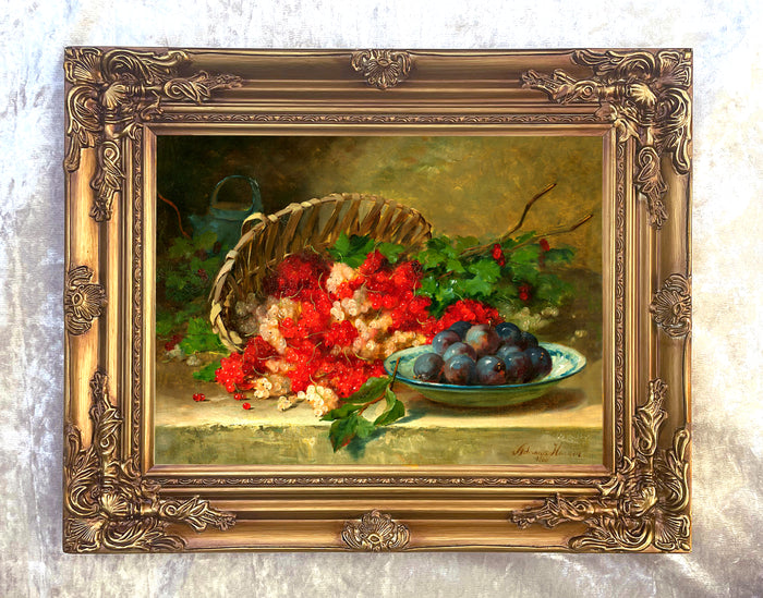Beautiful Still Life Oleograph on Canvas Still Life with Currants & Plums