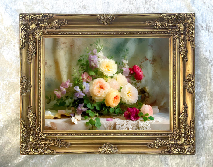 Fine Oleograph on Canvas - Still life of a Bouquet of Flowers on a Marble Ledge