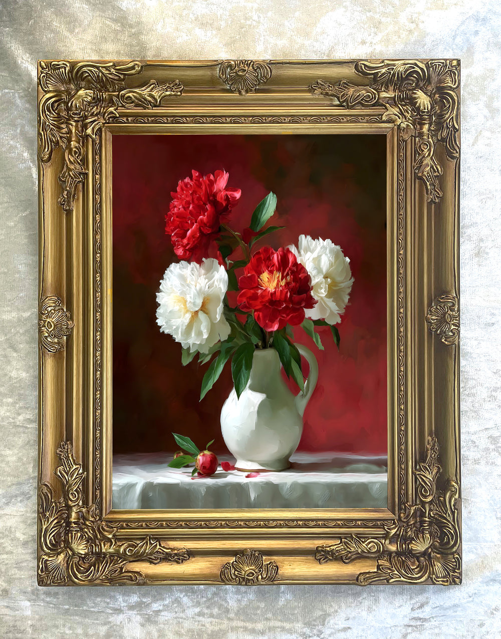 Fine Oleograph on Canvas Still Life of Red & White Flowers in a Jug