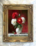 Fine Oleograph on Canvas Still Life of Red & White Flowers in a Jug