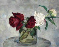 Exquisite Oleograph on Canvas Still Life of Red & White Roses in a Vase